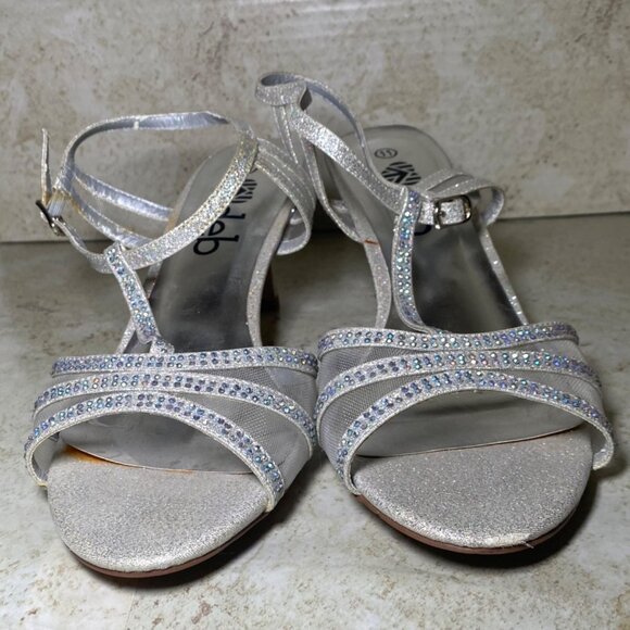 Silver Glitter Rhinestone Strappy Heeled Sandals Party Special Occasion - Picture 2 of 9